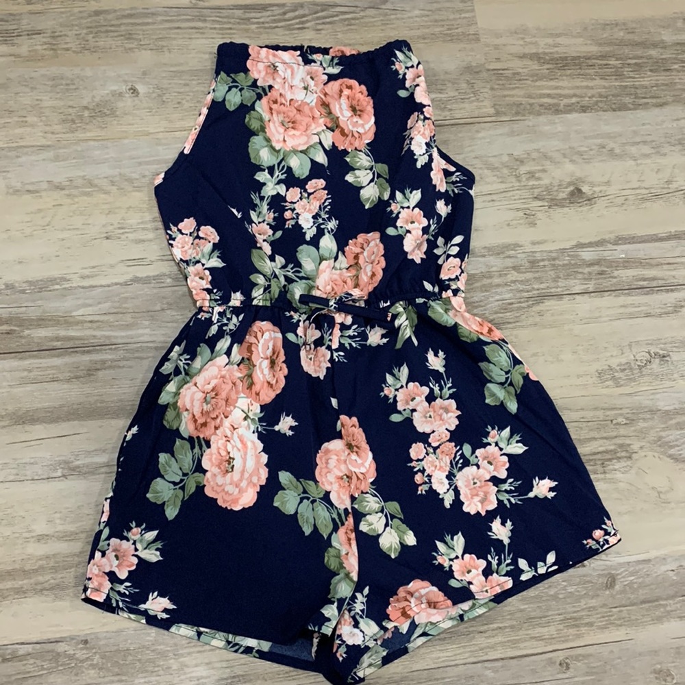 Shein Tween Youth Girls Floral Halter Romper Summer Shorts Open Back